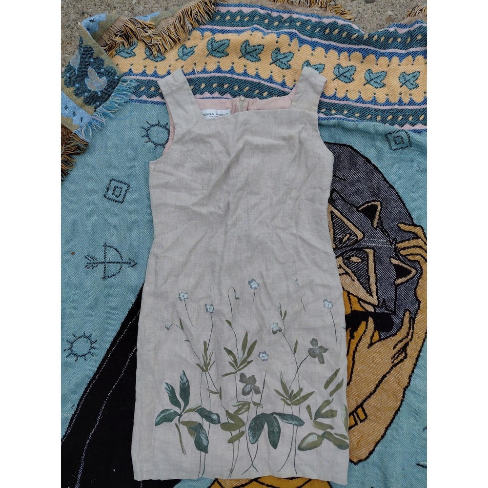 Donna Ricco New York Vintage 100% Linen Dress Size 8 Made In USA Natural Garden